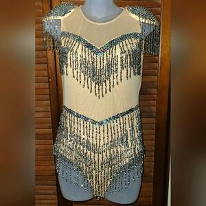 Elegant Sequin Fringe Bodysuit - Cream and Silver